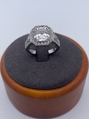Epiphany Sterling Silver 925 Asscher Cut CZ Halo Ring | Statement Cocktail Size7